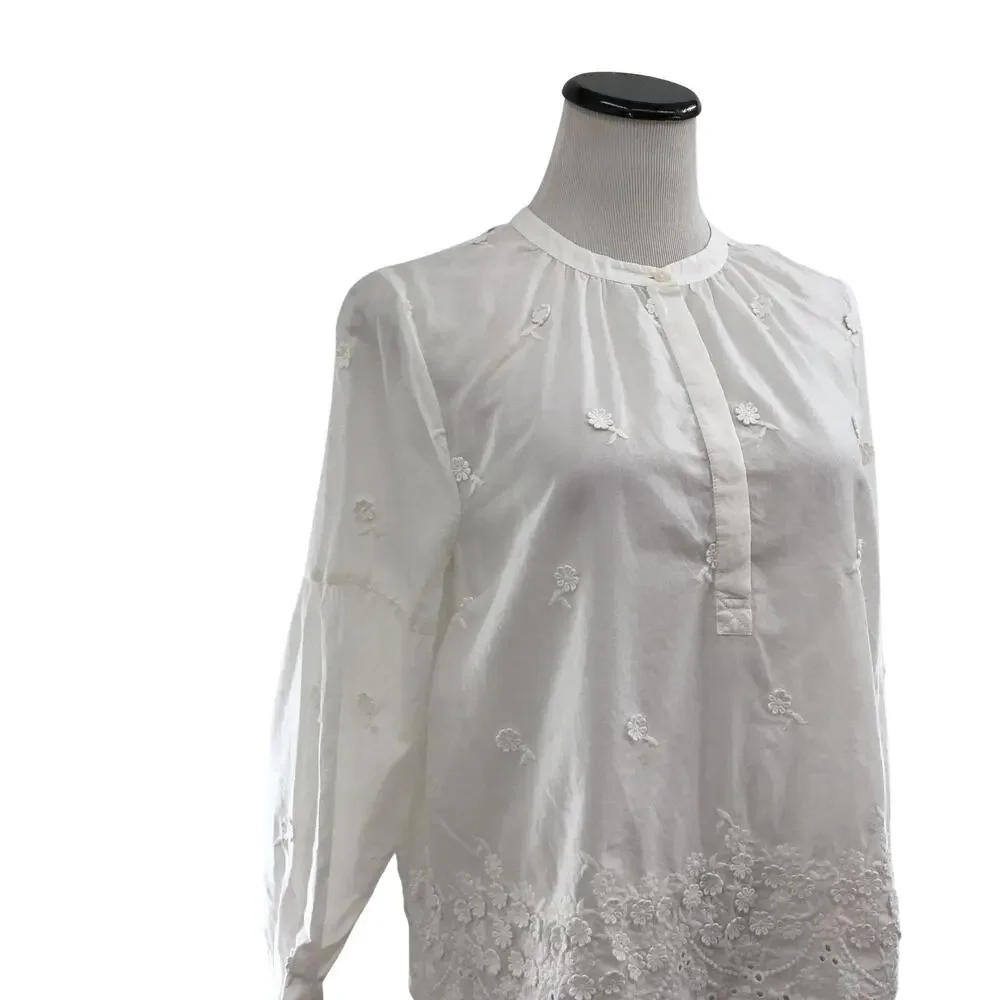 J. Crew White Embroidered Peasant Floral Popover Blouse